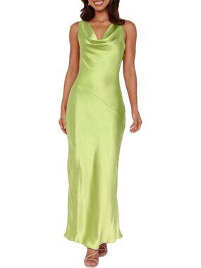 Women's Green Cowl Neck Summer Satin Backless Sleeveless Elegant Maxi Dress